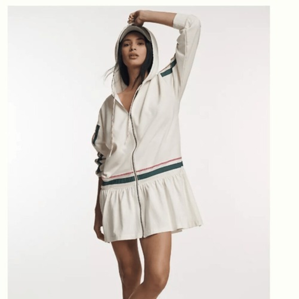 Anthro Daily Practice Front-Zip Sweatshirt Tennis Dress‎ Varsity Mini Hood Sz XS